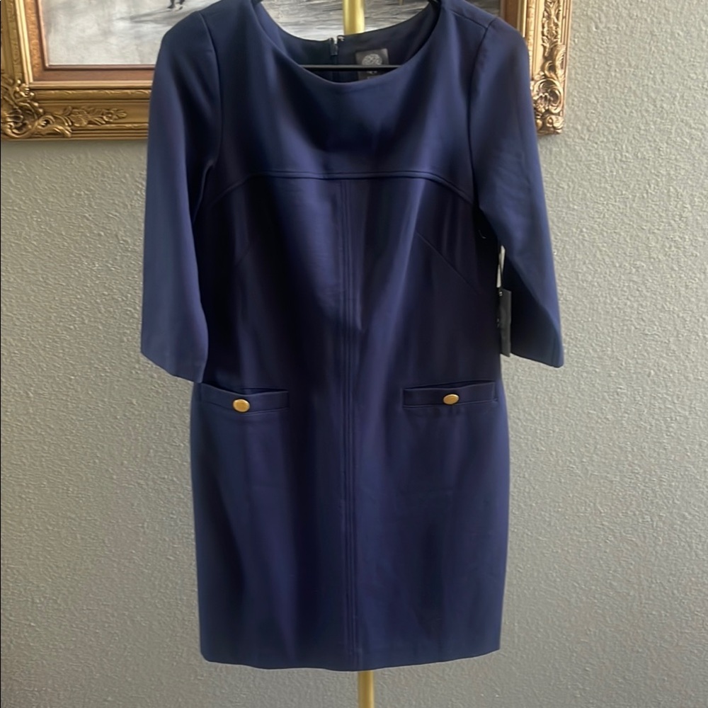 Vince Camuto Blue Sheath Dress with Crew Neck and 3/4 Sleeves